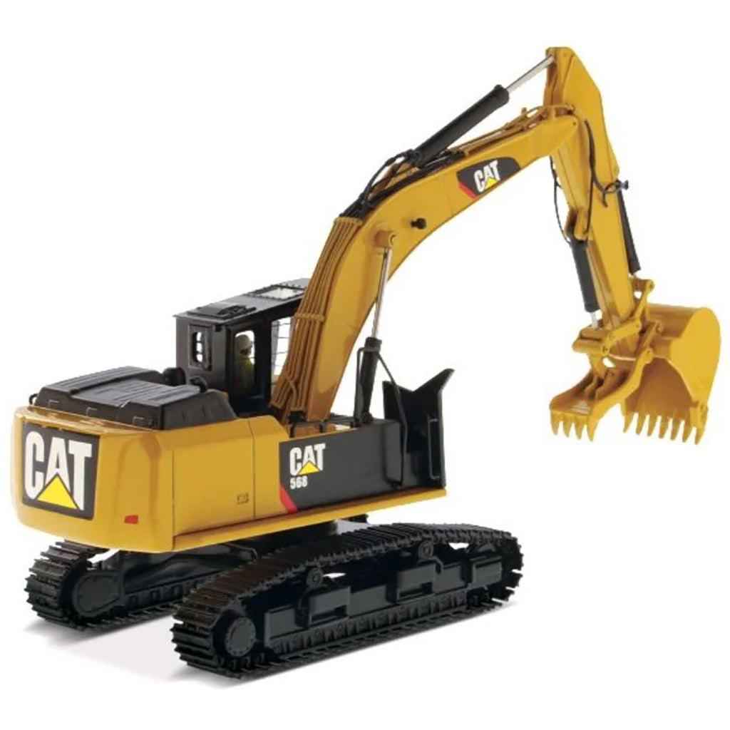 Model of a Caterpillar 568G F Hydraulic Excavator in a Road Builder Configuration with Thumb on a White Background