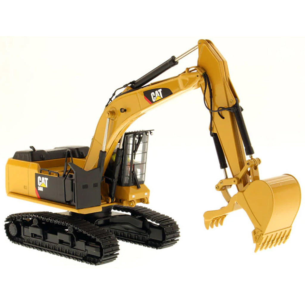 Model of a Caterpillar 568G F Hydraulic Excavator in a Road Builder Configuration with Thumb on a White Background