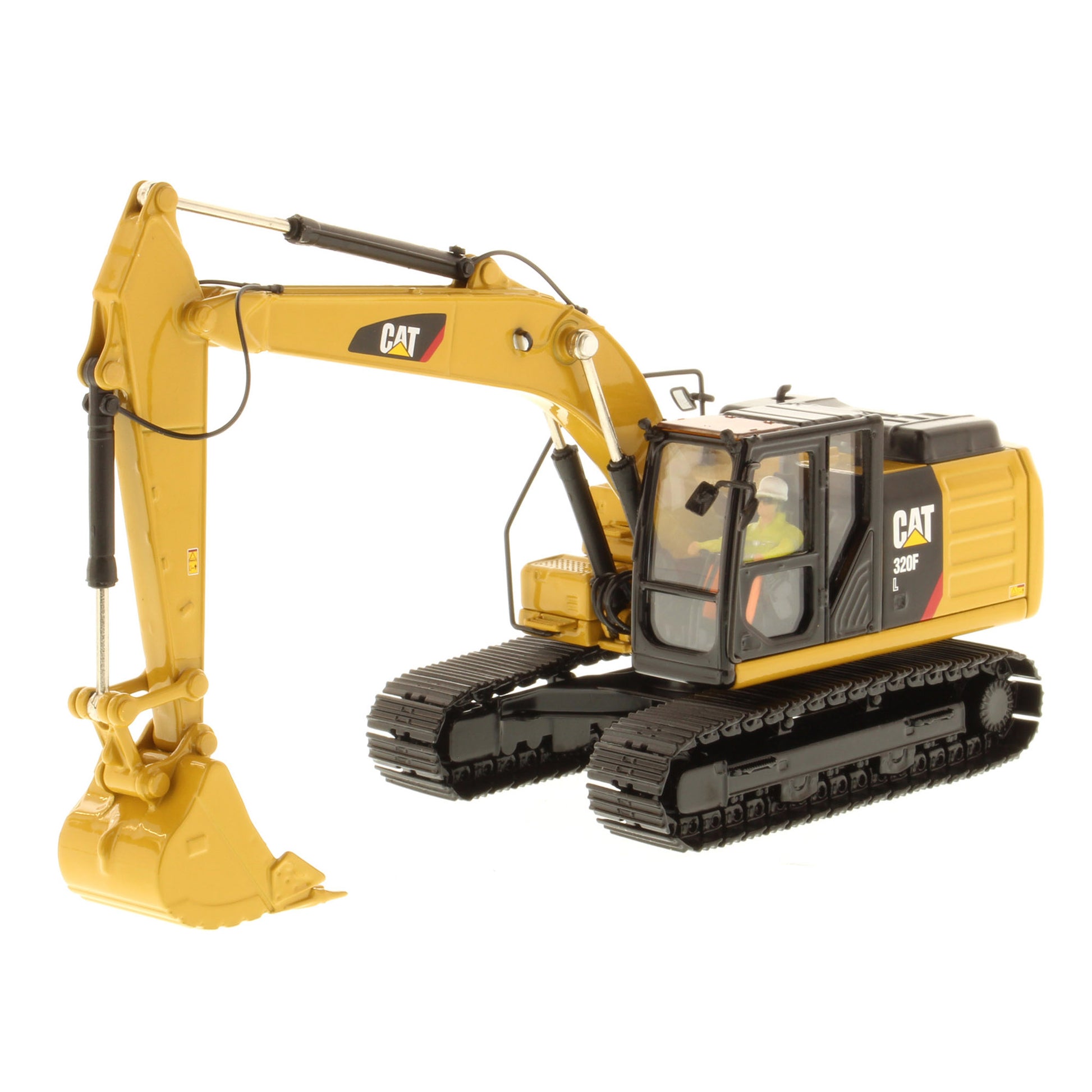 A yellow and black CAT 320F toy excavator with a detailed bucket and tracks, shown on a solid white background.