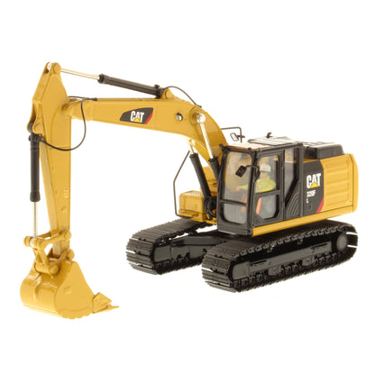 A yellow and black CAT 320F toy excavator with a detailed bucket and tracks, shown on a solid white background.