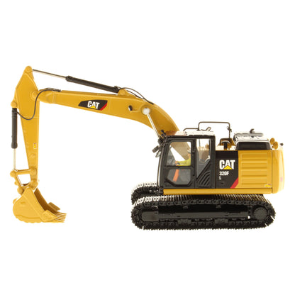 A yellow and black CAT 320F toy excavator with a detailed bucket and tracks, shown on a solid white background.