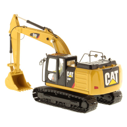 A yellow and black CAT 320F toy excavator with a detailed bucket and tracks, shown on a solid white background.