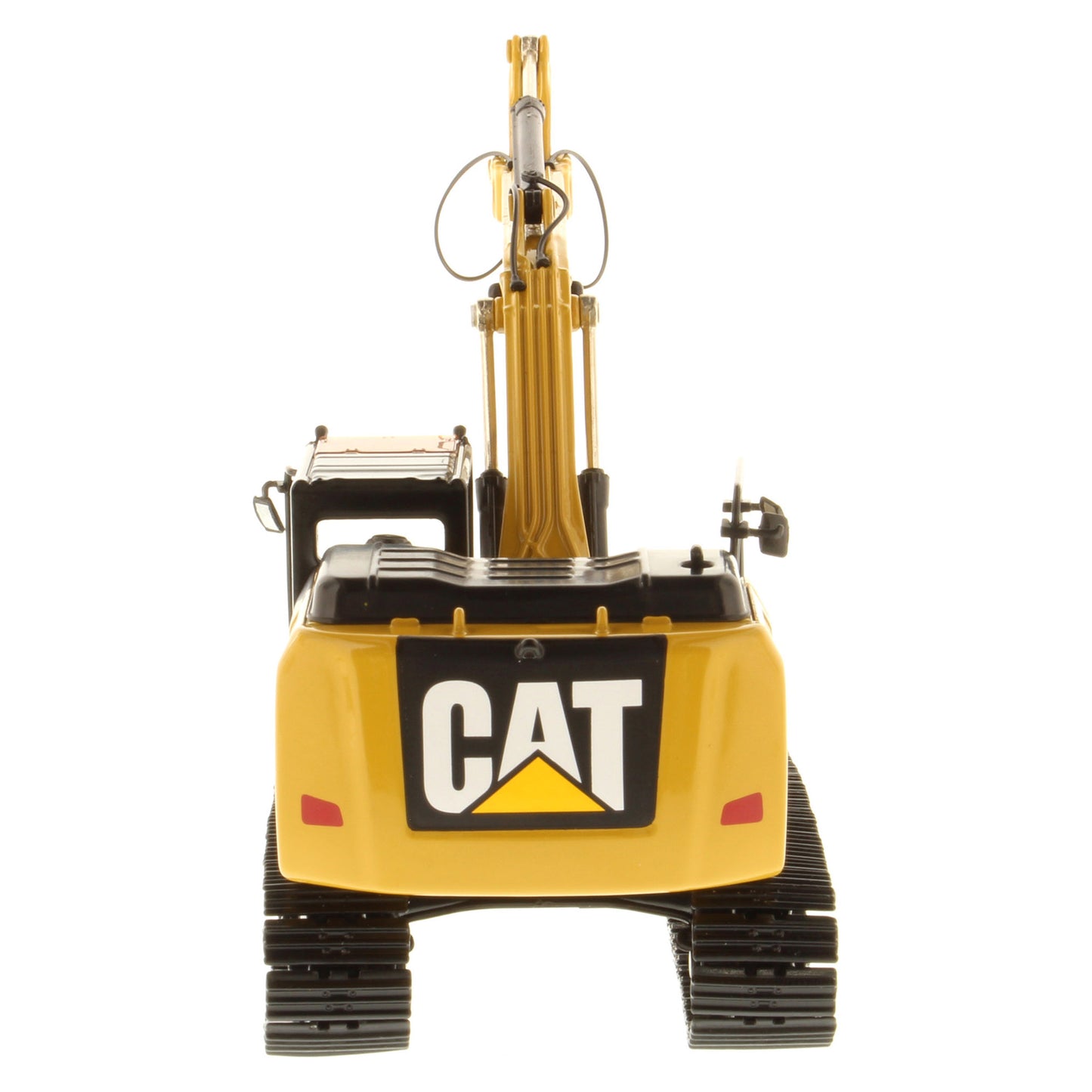 A yellow and black CAT 320F toy excavator with a detailed bucket and tracks, shown on a solid white background.