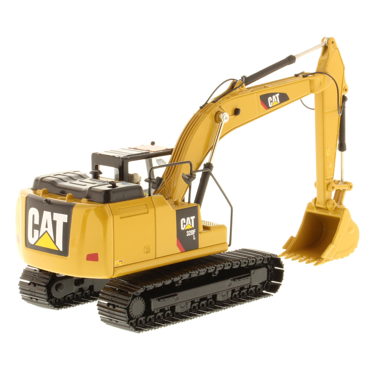 A yellow and black CAT 320F toy excavator with a detailed bucket and tracks, shown on a solid white background.