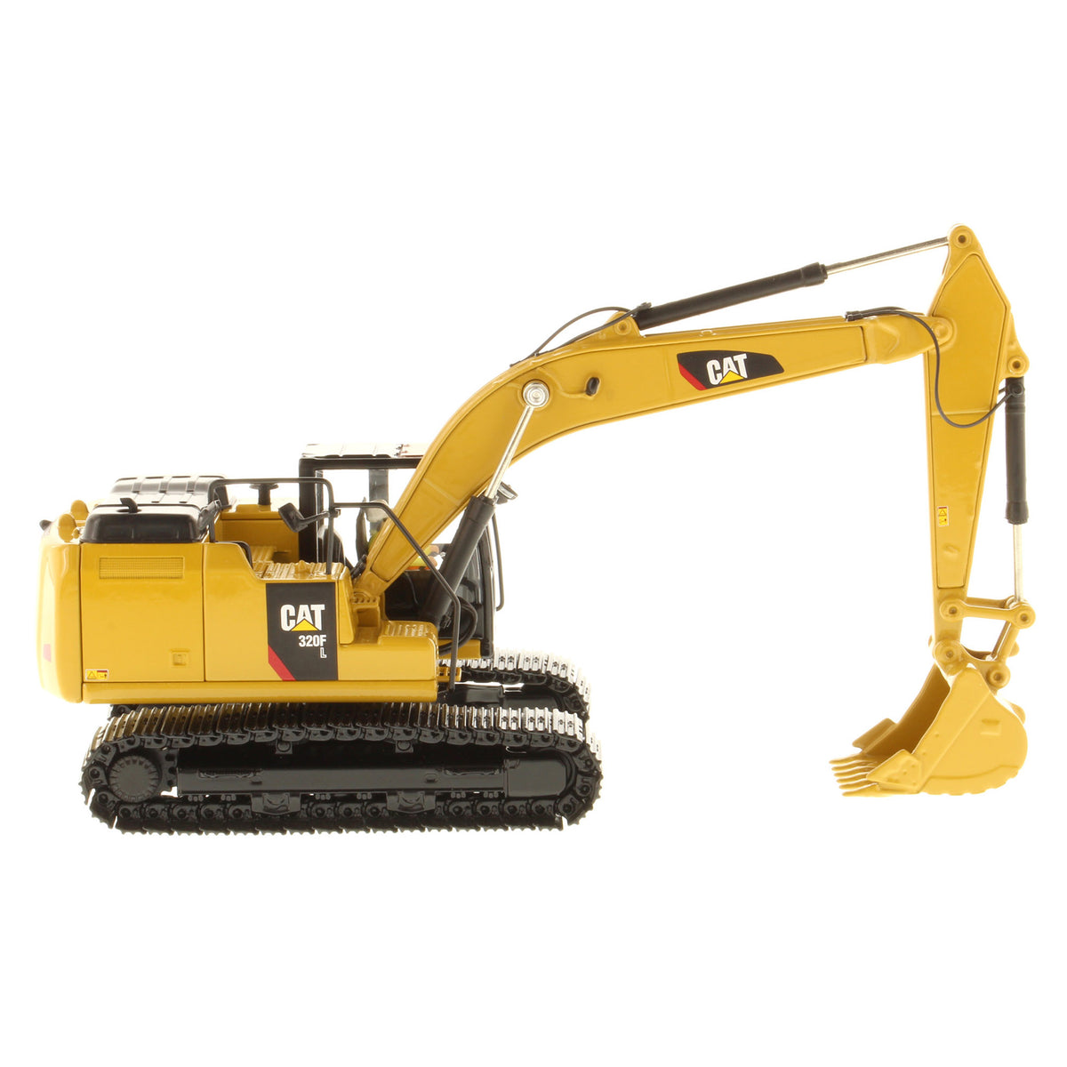 A yellow and black CAT 320F toy excavator with a detailed bucket and tracks, shown on a solid white background.