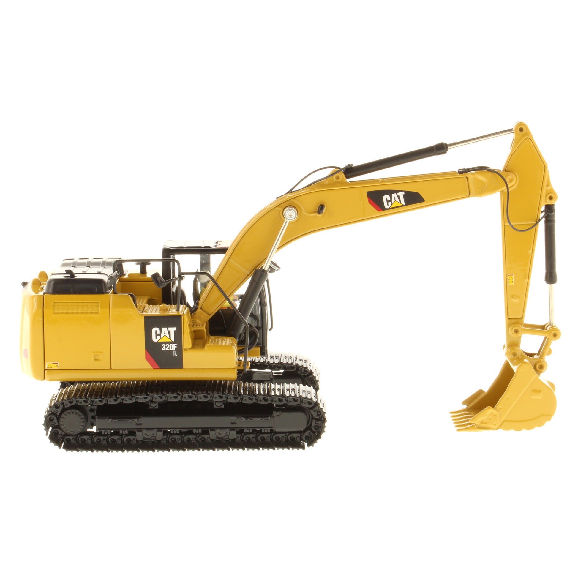 A yellow and black CAT 320F toy excavator with a detailed bucket and tracks, shown on a solid white background.