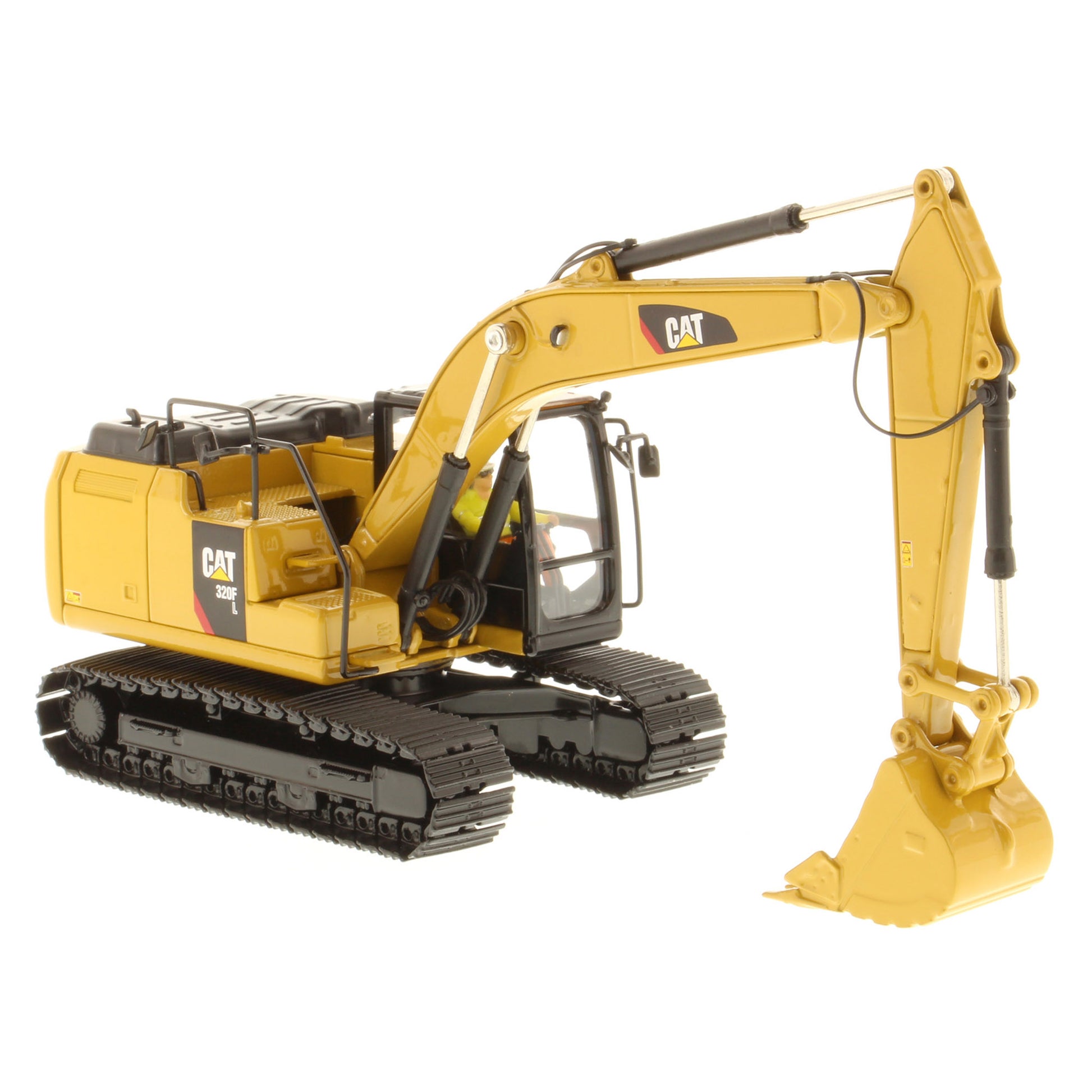 A yellow and black CAT 320F toy excavator with a detailed bucket and tracks, shown on a solid white background.