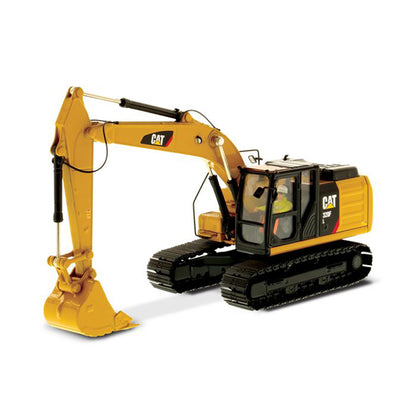 A yellow and black CAT 320F toy excavator with a detailed bucket and tracks, shown on a solid white background.