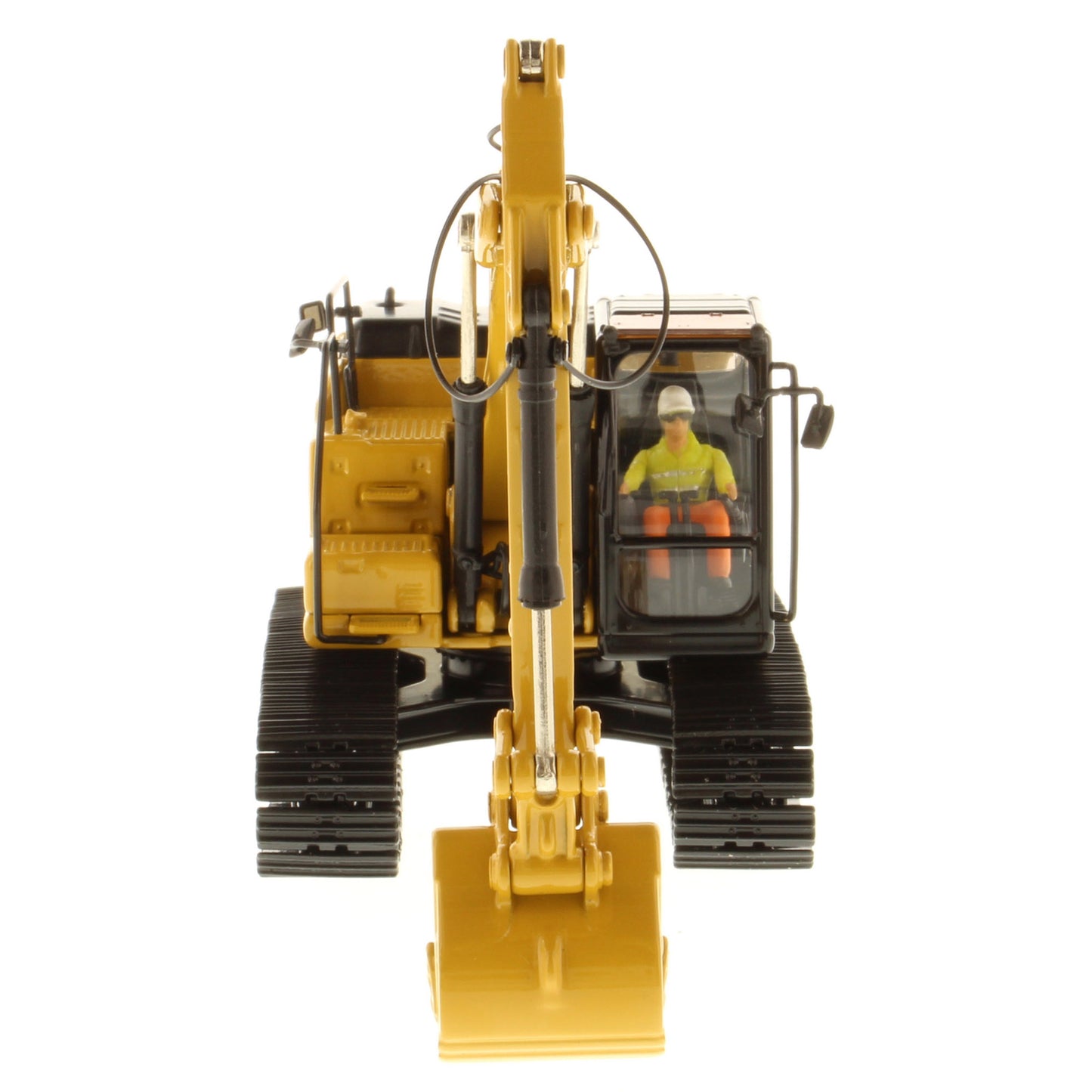 A yellow and black CAT 320F toy excavator with a detailed bucket and tracks, shown on a solid white background.