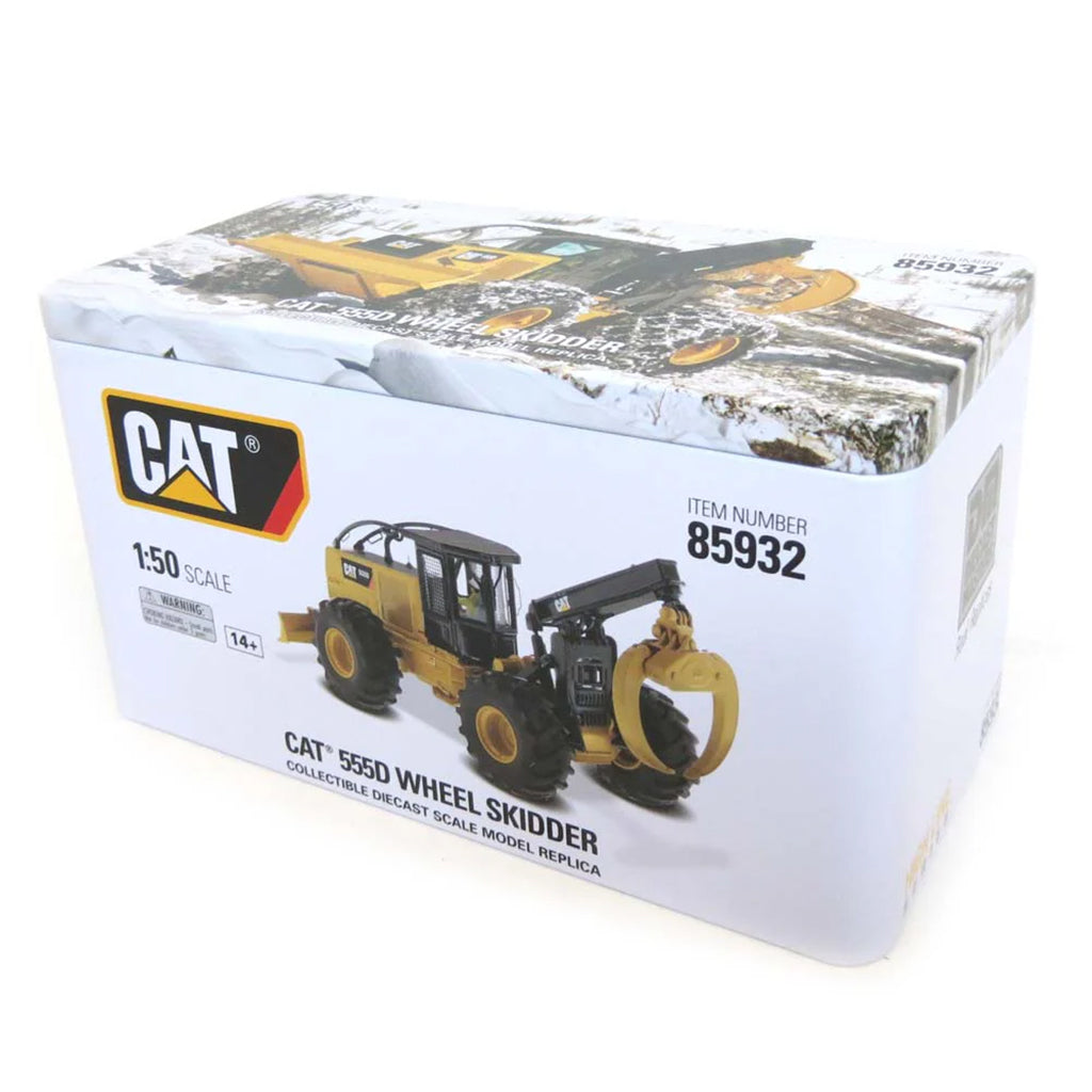 Model of a Caterpillar 555D Wheeled Log Skidder in a Tin Box Packaging on a White Background