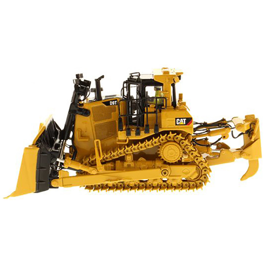 Model of a Yellow Caterpillar D9T Track-Type Dozer with Rear Ripper on a White Background
