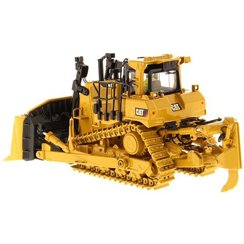 Model of a Yellow Caterpillar D9T Track-Type Dozer with Rear Ripper on a White Background