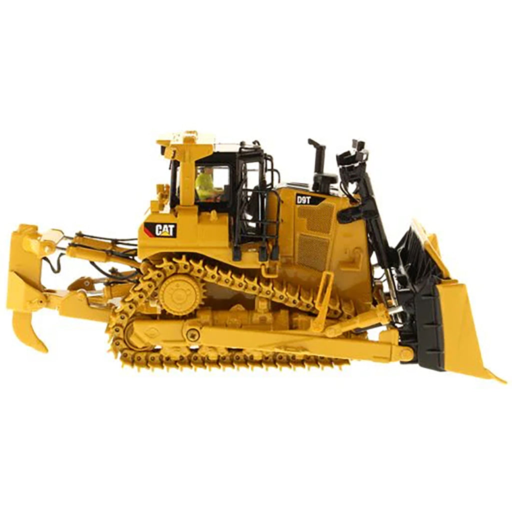 Model of a Yellow Caterpillar D9T Track-Type Dozer with Rear Ripper on a White Background