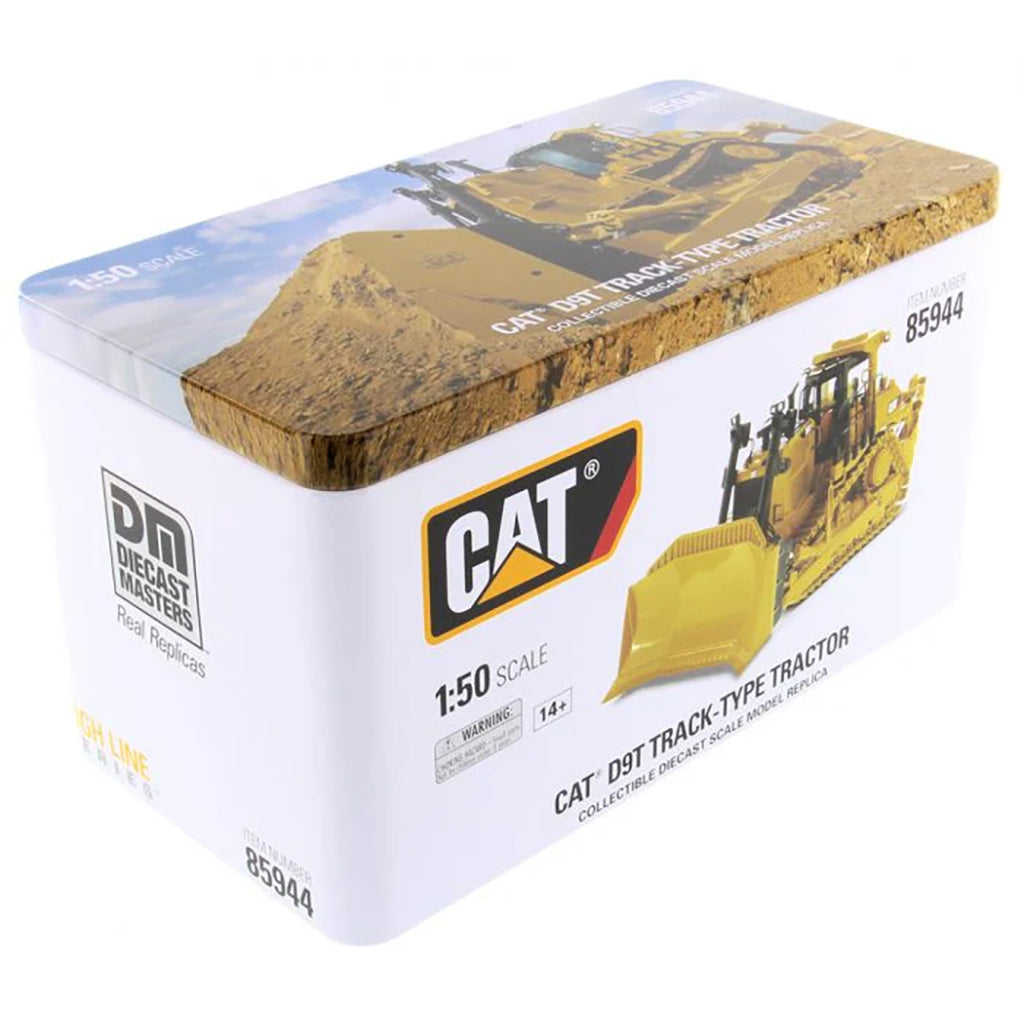 Box packaging of a CAT D9T track-type tractor model toy on a white background