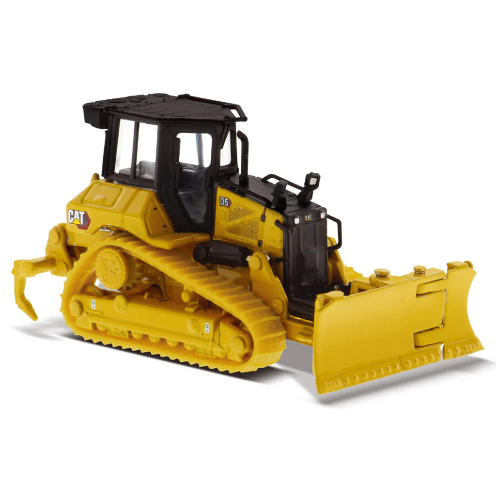 Model of a Caterpillar D5 Track-Type Dozer with Rear Ripper, Fine Grading Undercarriage, & Foldable Blade on a White Background