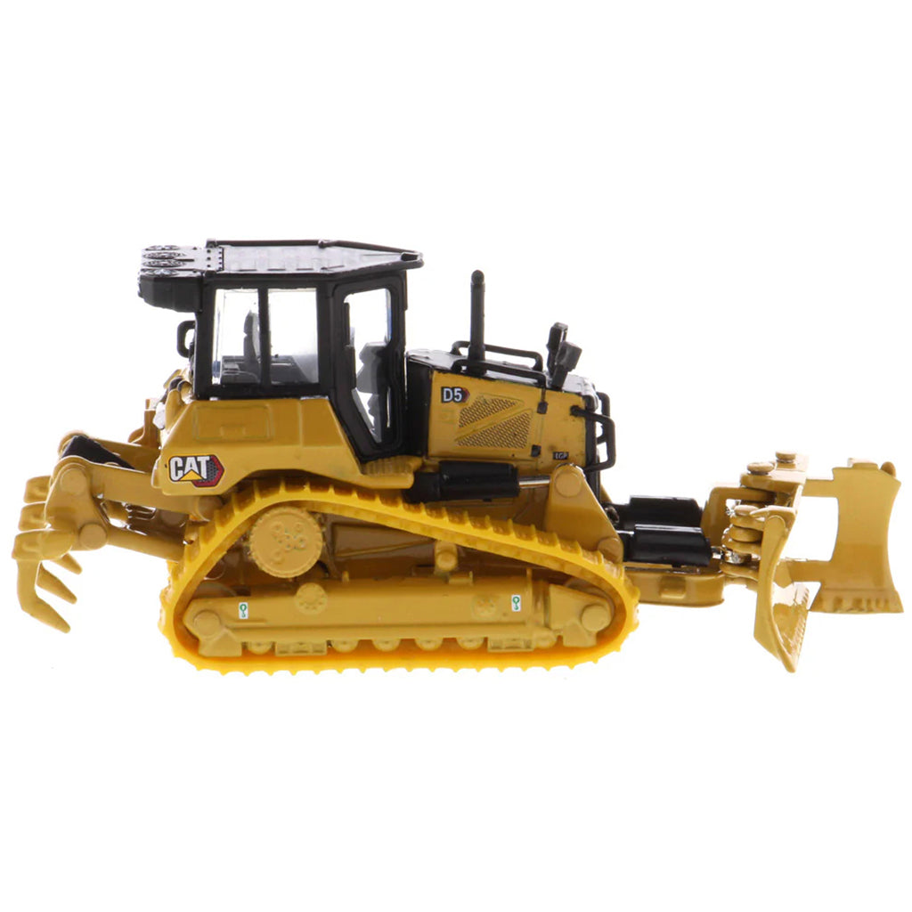 Model of a Caterpillar D5 Track-Type Dozer with Rear Ripper, Fine Grading Undercarriage, & Foldable Blade on a White Background