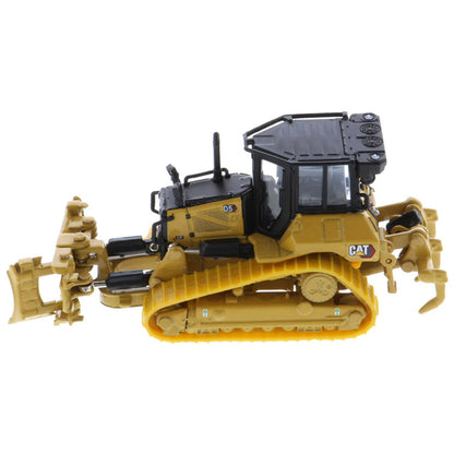 Model of a Caterpillar D5 Track-Type Dozer with Rear Ripper, Fine Grading Undercarriage, & Foldable Blade on a White Background