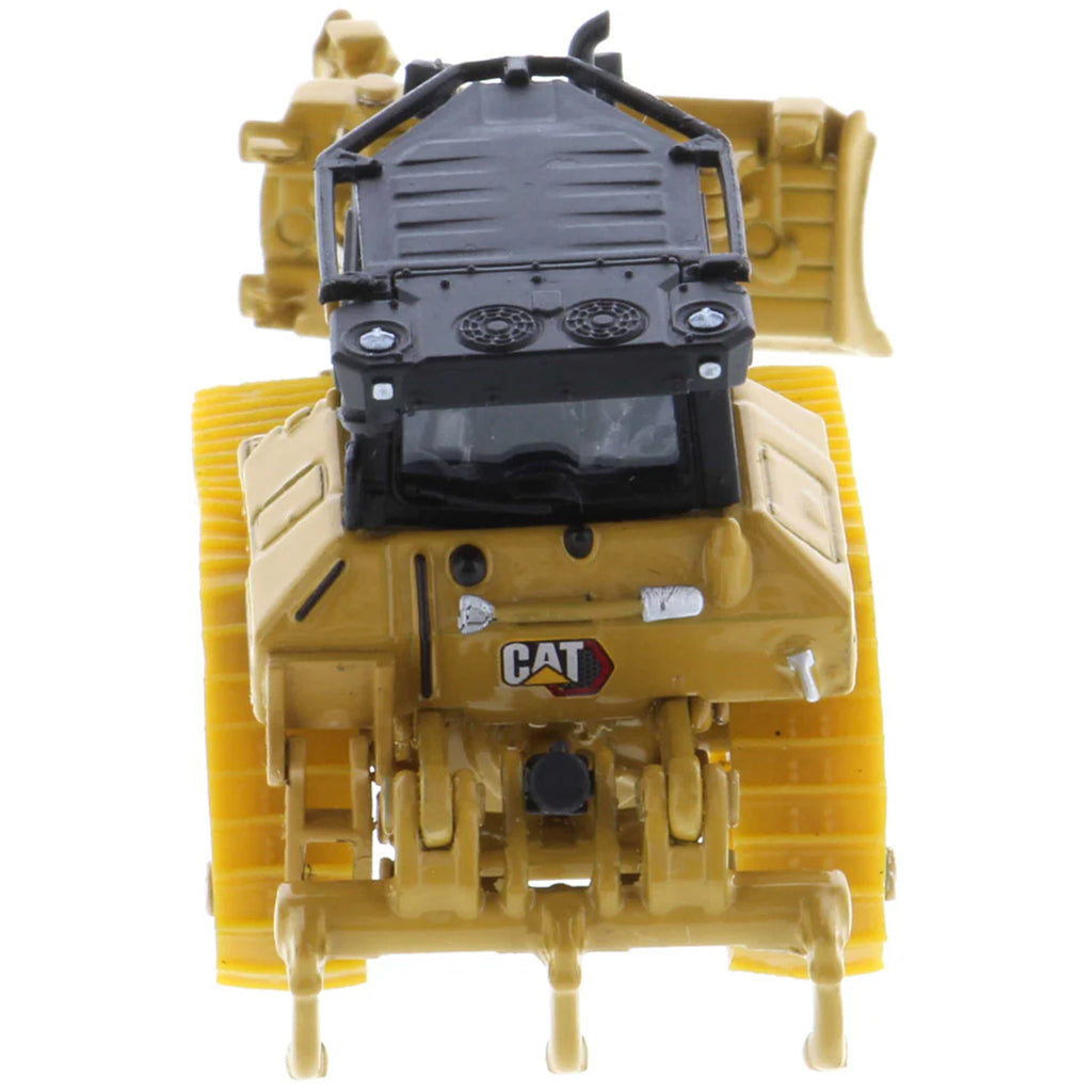 Model of a Caterpillar D5 Track-Type Dozer with Rear Ripper, Fine Grading Undercarriage, & Foldable Blade on a White Background