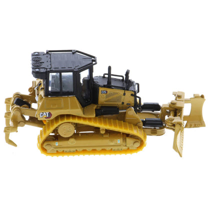 Model of a Caterpillar D5 Track-Type Dozer with Rear Ripper, Fine Grading Undercarriage, & Foldable Blade on a White Background