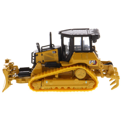 Model of a Caterpillar D5 Track-Type Dozer with Rear Ripper, Fine Grading Undercarriage, & Foldable Blade on a White Background