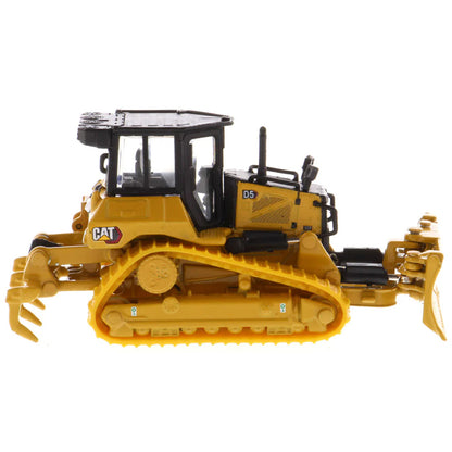 Model of a Caterpillar D5 Track-Type Dozer with Rear Ripper, Fine Grading Undercarriage, & Foldable Blade on a White Background