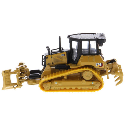 Model of a Caterpillar D5 Track-Type Dozer with Rear Ripper, Fine Grading Undercarriage, & Foldable Blade on a White Background
