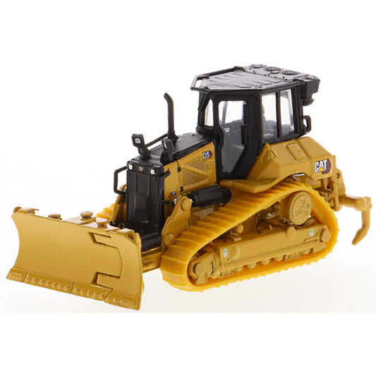 Model of a Caterpillar D5 Track-Type Dozer with Rear Ripper, Fine Grading Undercarriage, & Foldable Blade on a White Background