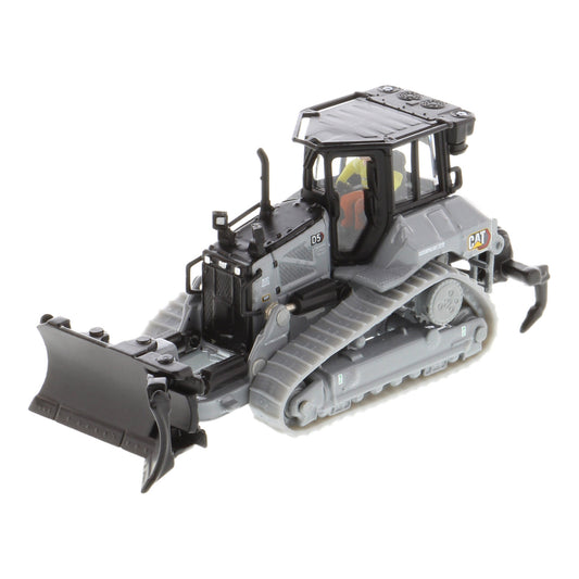 Model of a Centennial Gray & Black Caterpillar D5 Track-Type Dozer with Rear Ripper, Fine Grading Undercarriage, & Foldable Blade on a White Background