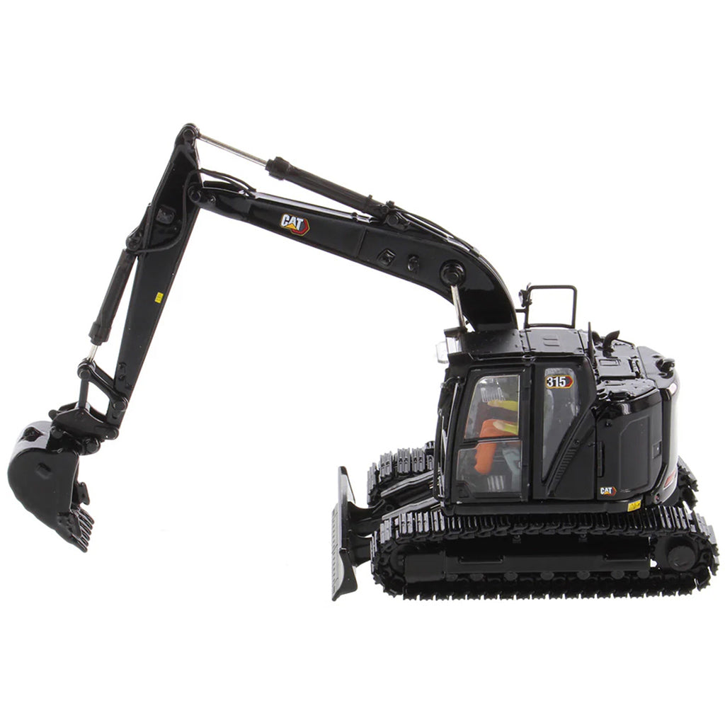 Model of a Caterpillar 315 Mini-Excavator in a Special Black Finish on a White Background