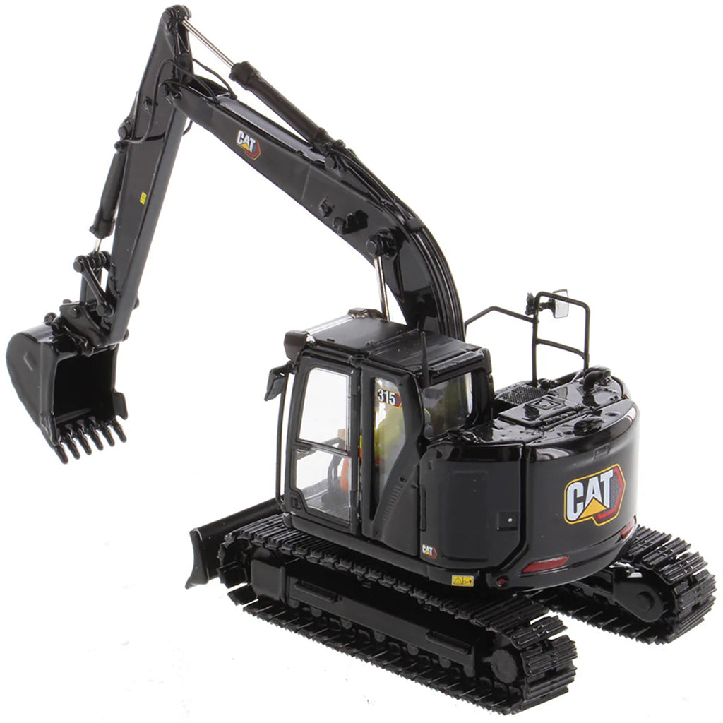 Model of a Caterpillar 315 Mini-Excavator in a Special Black Finish on a White Background