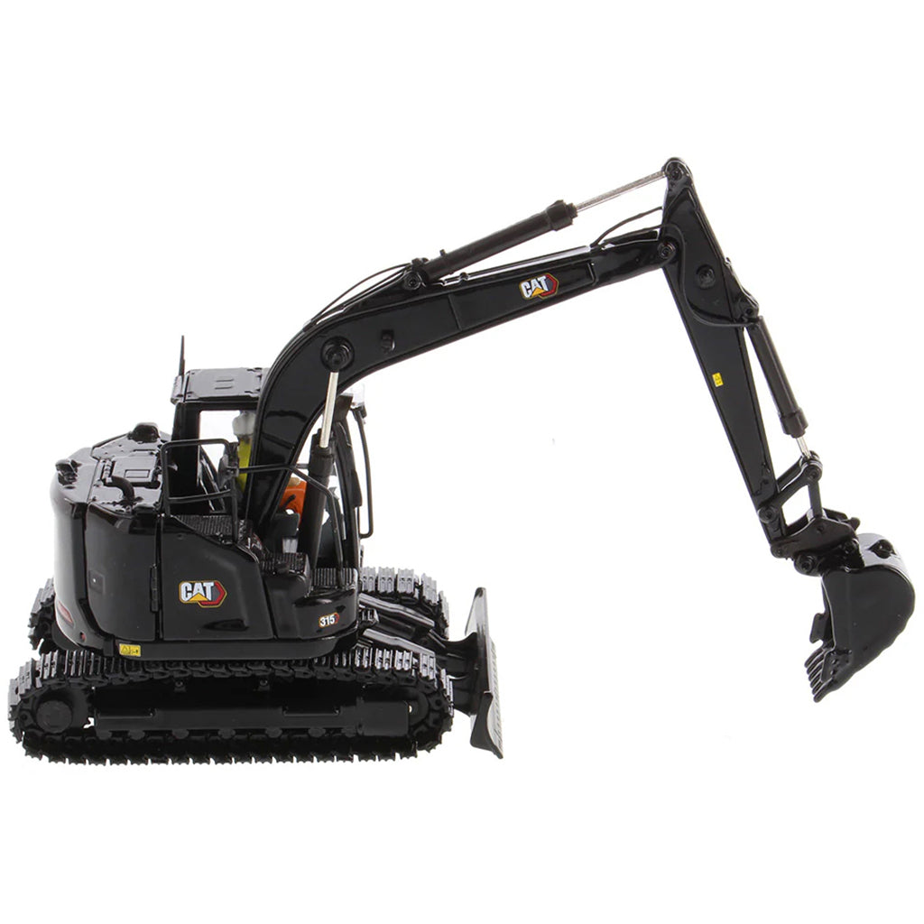 Model of a Caterpillar 315 Mini-Excavator in a Special Black Finish on a White Background