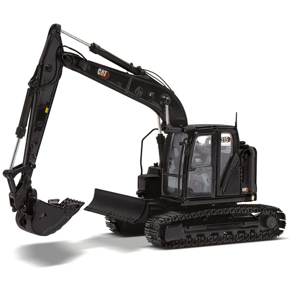 Model of a Caterpillar 315 Mini-Excavator in a Special Black Finish on a White Background