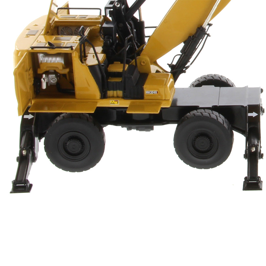 A yellow and black toy construction vehicle, resembling a mini excavator or loader, shown from a side profile view against a solid white background.