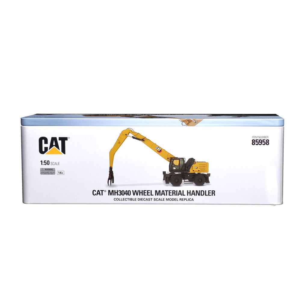 CAT MH3040 Wheel Material Handler 150 scale model box, model number 85958, featuring a yellow and black excavator illustration on a white box with a light blue top border.