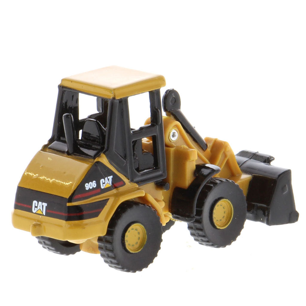 A yellow and black CAT 906 toy front loader, shown from a three-quarters angle on a solid white background.