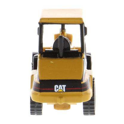 A yellow CAT toy construction vehicle, viewed from the rear, featuring the black CAT logo on the back, set against a plain white background.