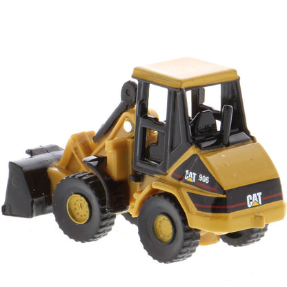 A yellow and black CAT 906 toy front loader model, shown from a three-quarters angle on a solid white background.