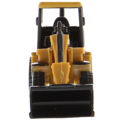 A yellow and black toy construction vehicle, resembling a front loader photographed against a plain white background.