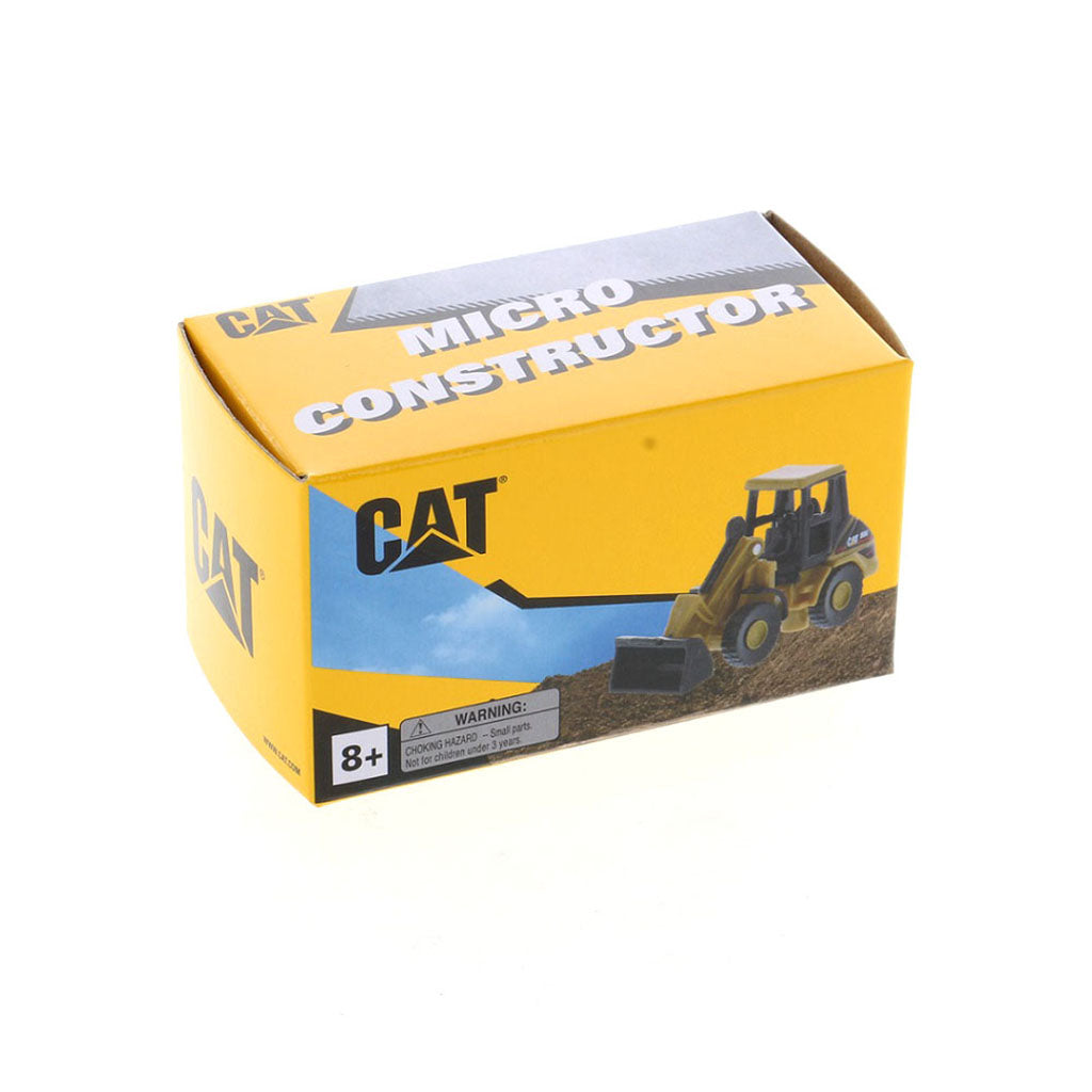 CAT Micro Constructor toy set packaging box, featuring yellow and blue graphics with a construction vehicle illustration, photographed on a white background.