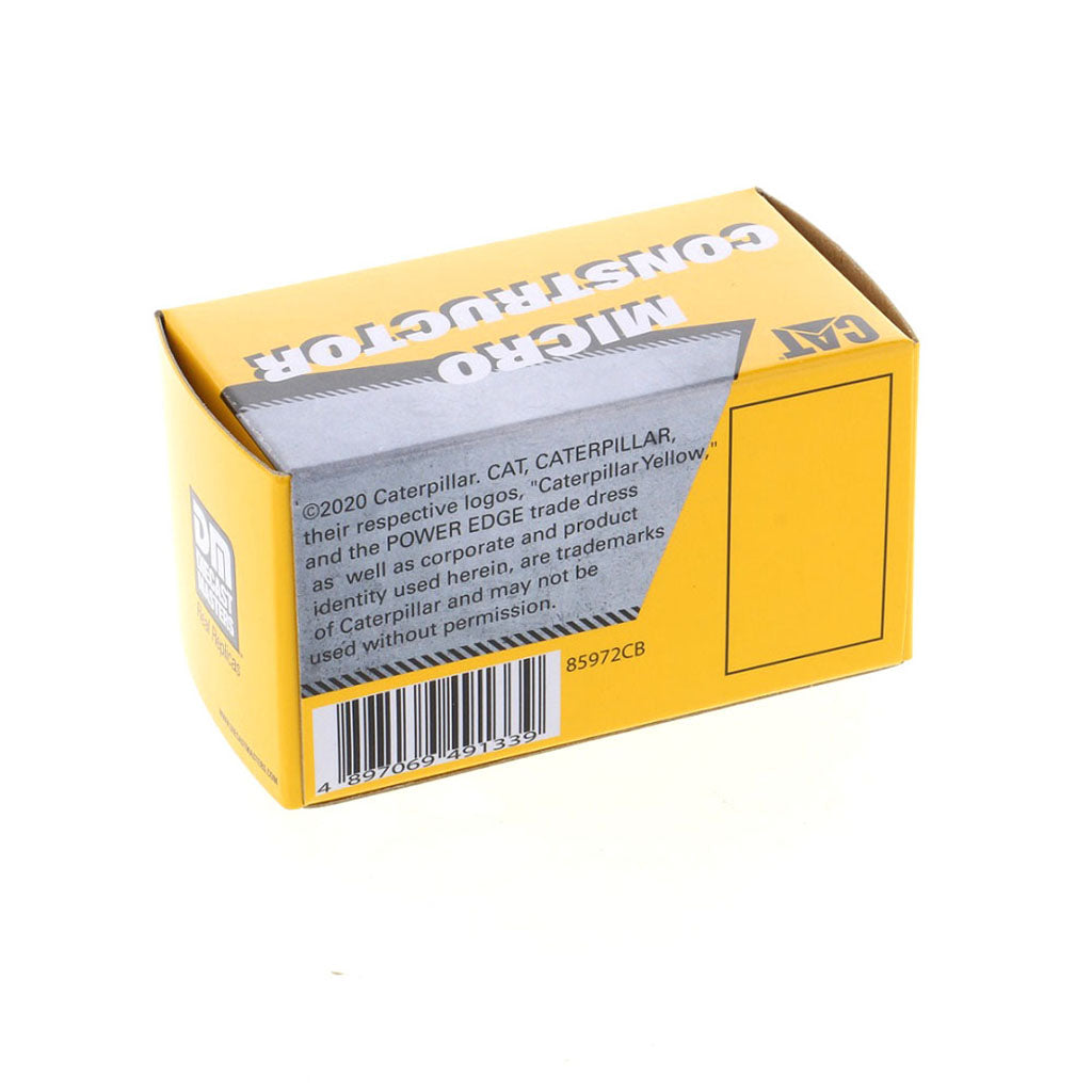 CAT Micro Constructor toy set packaging box, featuring yellow and blue graphics with a construction vehicle illustration, photographed on a white background.