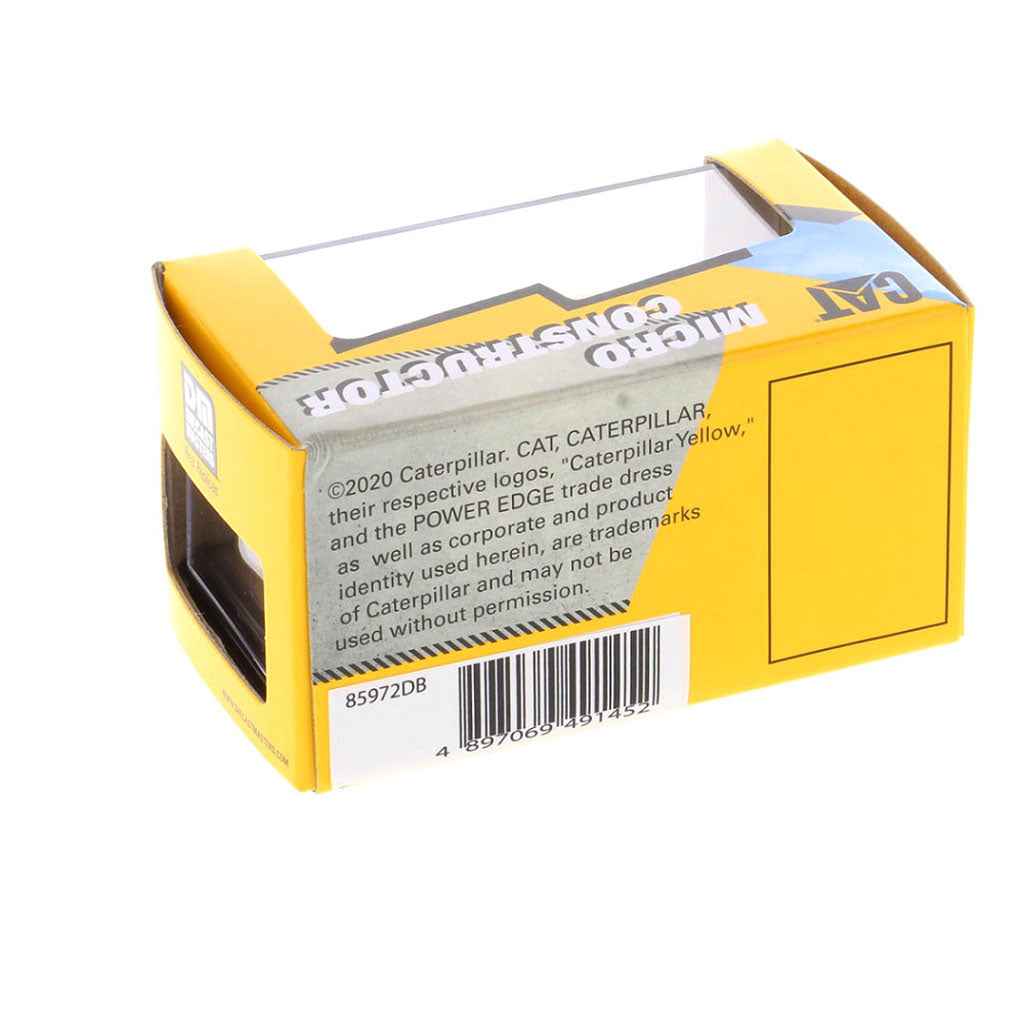 CAT Micro Constructor toy set packaging box, featuring yellow and blue graphics with a construction vehicle illustration, photographed on a white background.