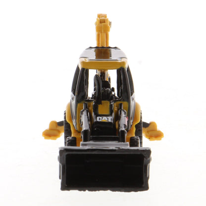 A small yellow and black toy caterpillar backhoe loader with a front loader bucket and rear excavating arm, photographed on a plain white background.
