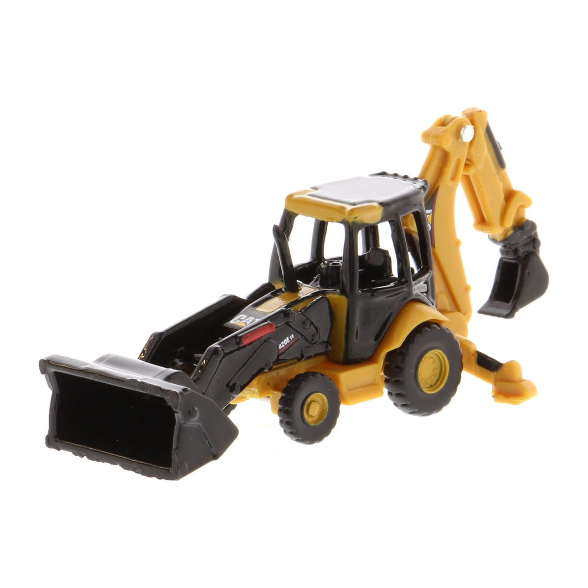 A small yellow and black toy caterpillar backhoe loader with a front loader bucket and rear excavating arm, photographed on a plain white background.