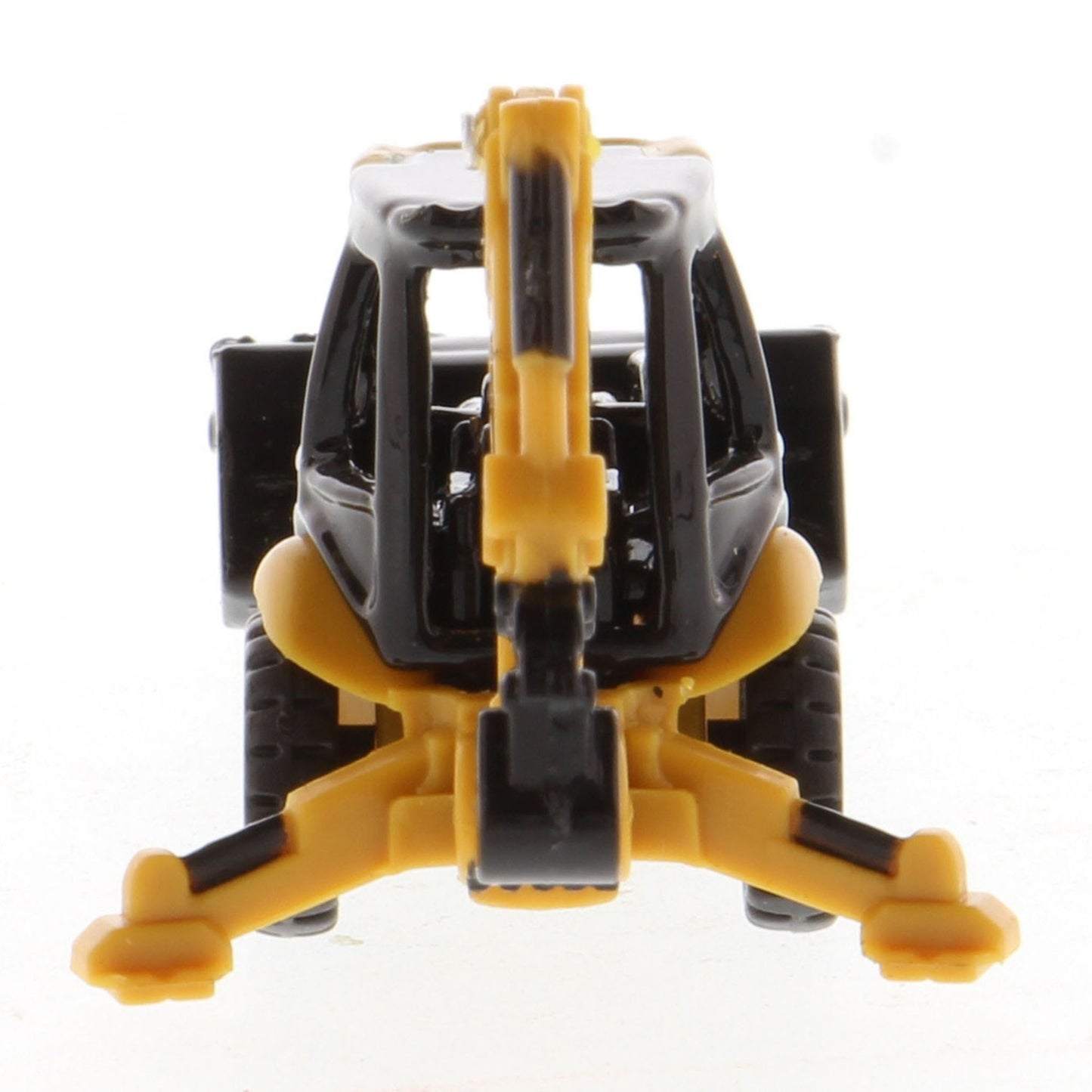A small yellow and black toy caterpillar backhoe loader with a front loader bucket and rear excavating arm, photographed on a plain white background.