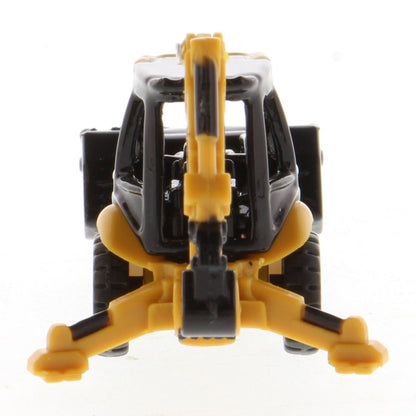 A small yellow and black toy caterpillar backhoe loader with a front loader bucket and rear excavating arm, photographed on a plain white background.