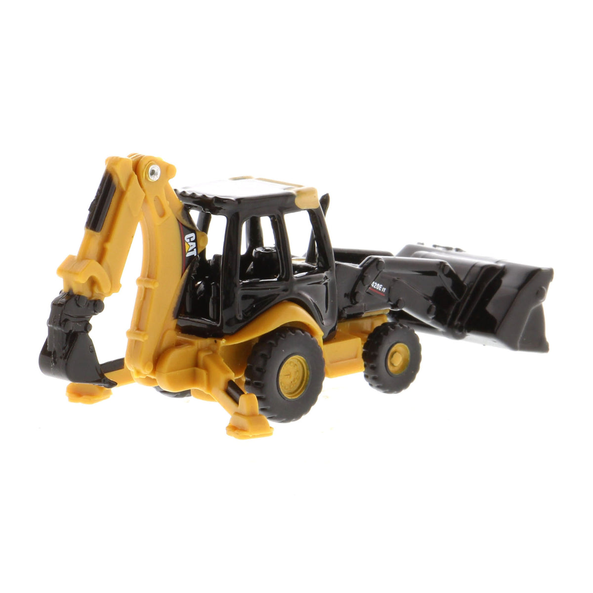 A small yellow and black toy caterpillar backhoe loader with a front loader bucket and rear excavating arm, photographed on a plain white background.