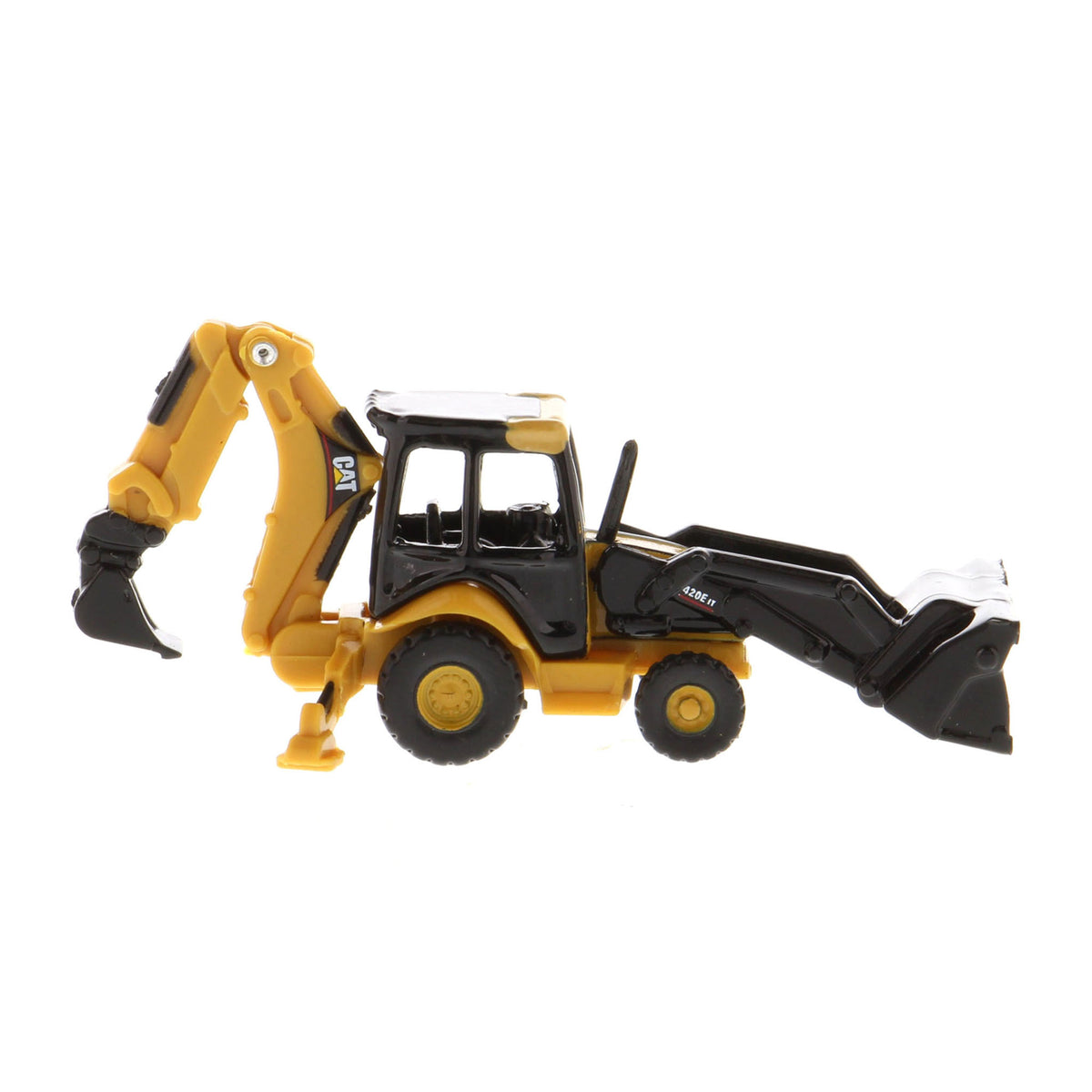 A small yellow and black toy caterpillar backhoe loader with a front loader bucket and rear excavating arm, photographed on a plain white background.