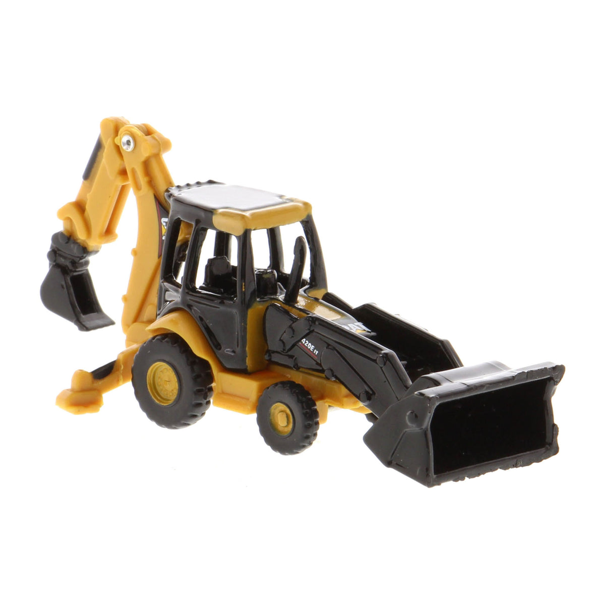 A small yellow and black toy caterpillar backhoe loader with a front loader bucket and rear excavating arm, photographed on a plain white background.
