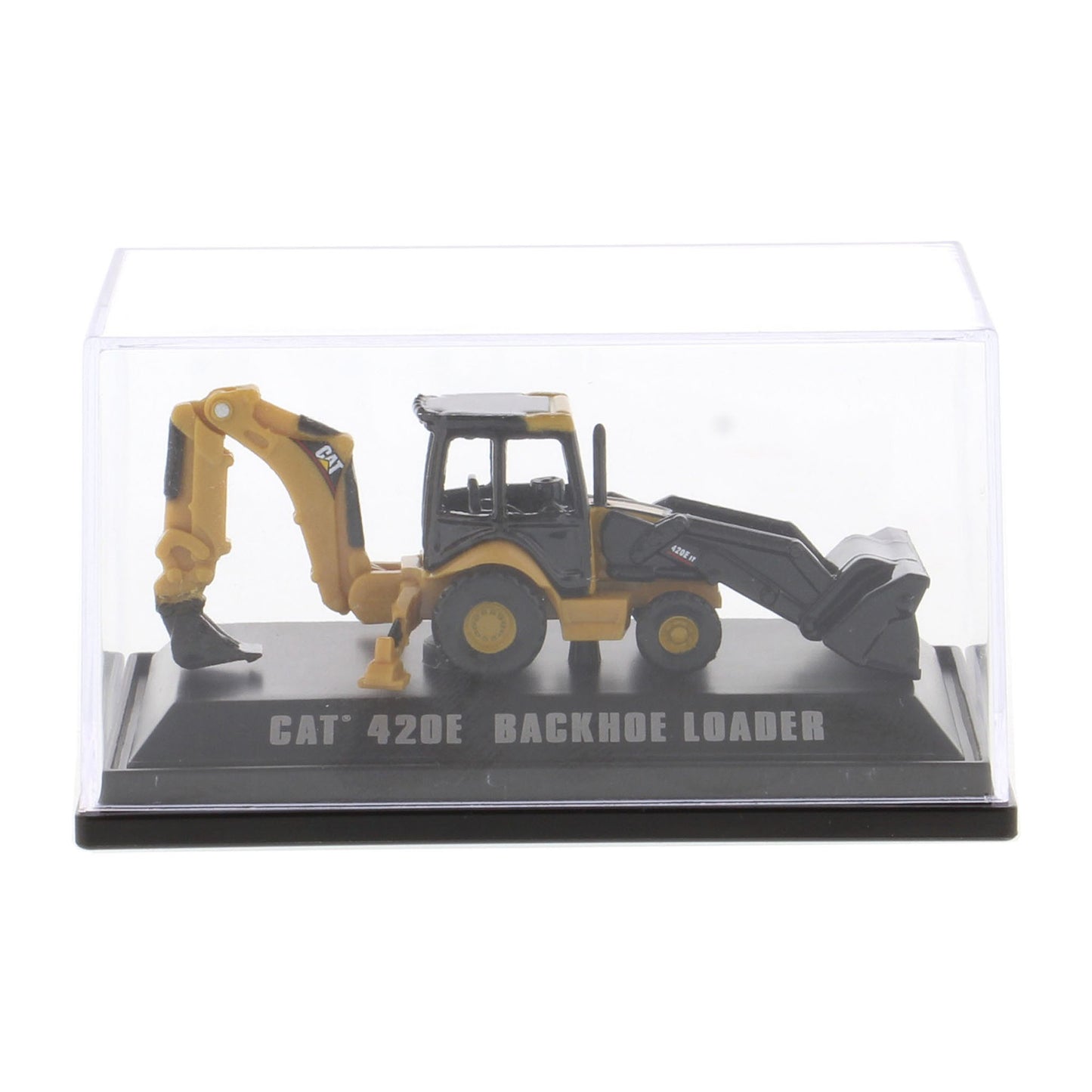 A miniature yellow and black CAT 420E backhoe loader diecast model, displayed inside a clear plastic protective case on a black base with 'CAT 420E BACKHOE LOADER' printed on it.