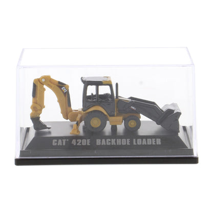 A miniature yellow and black CAT 420E backhoe loader diecast model, displayed inside a clear plastic protective case on a black base with 'CAT 420E BACKHOE LOADER' printed on it.